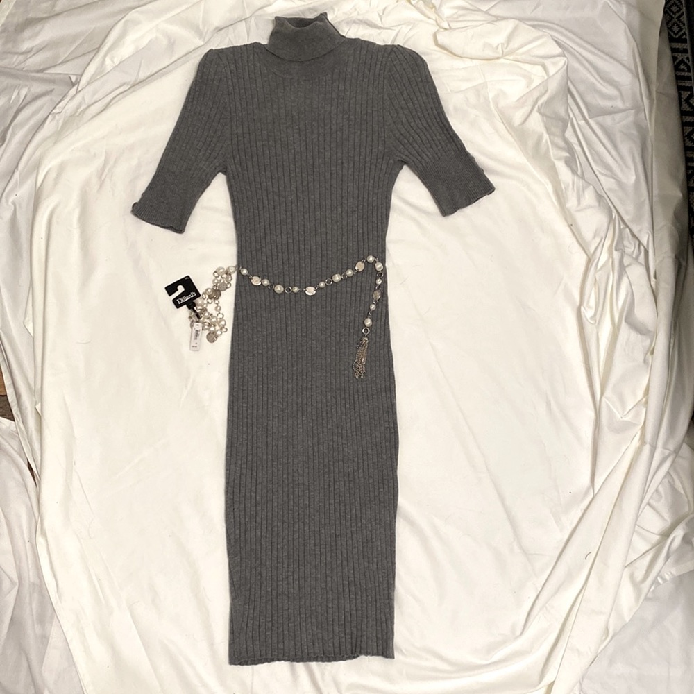 New! Dress & Belt- Sleek Ribbed fitted lightweight Sweater Dress & Beaded Belt.
